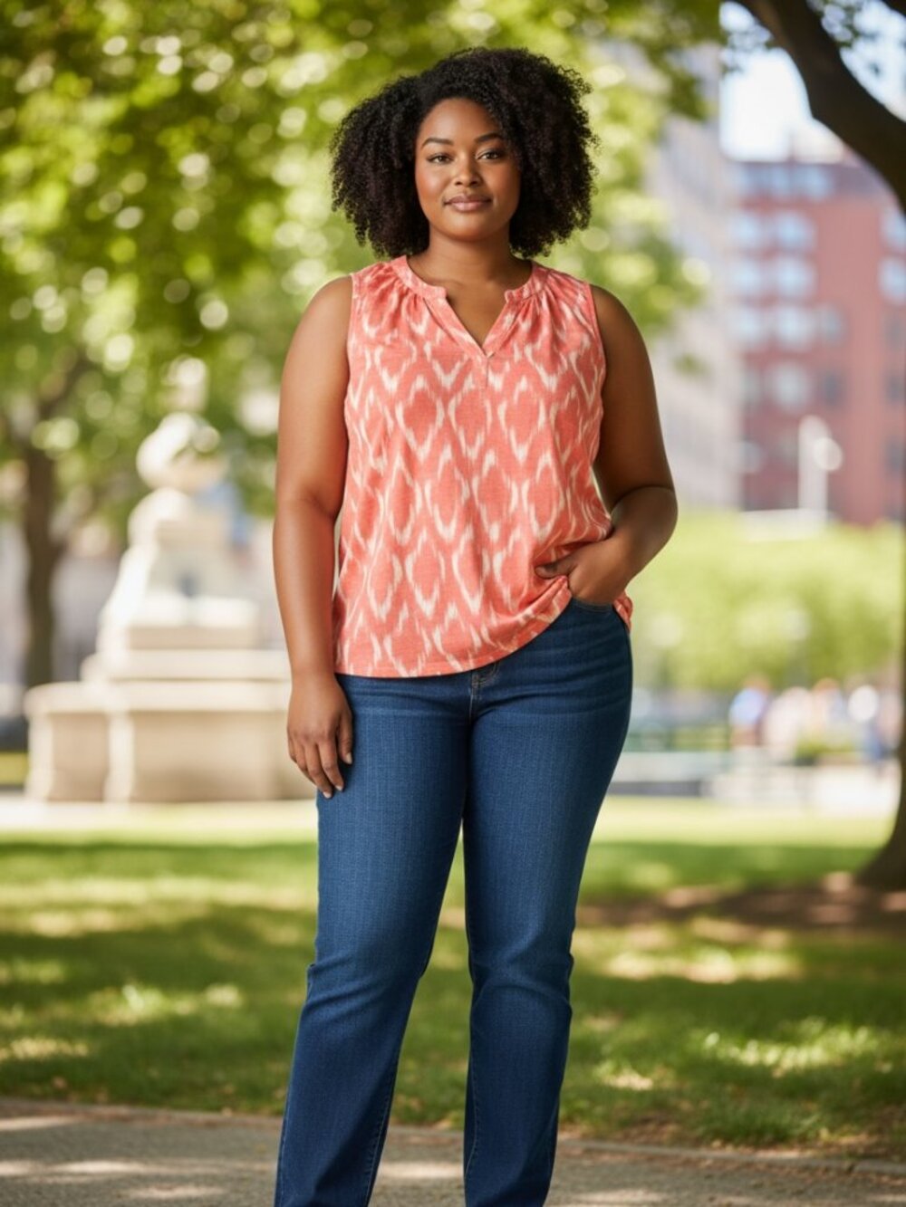 Women's Coral and White Sleeveless Blouse
